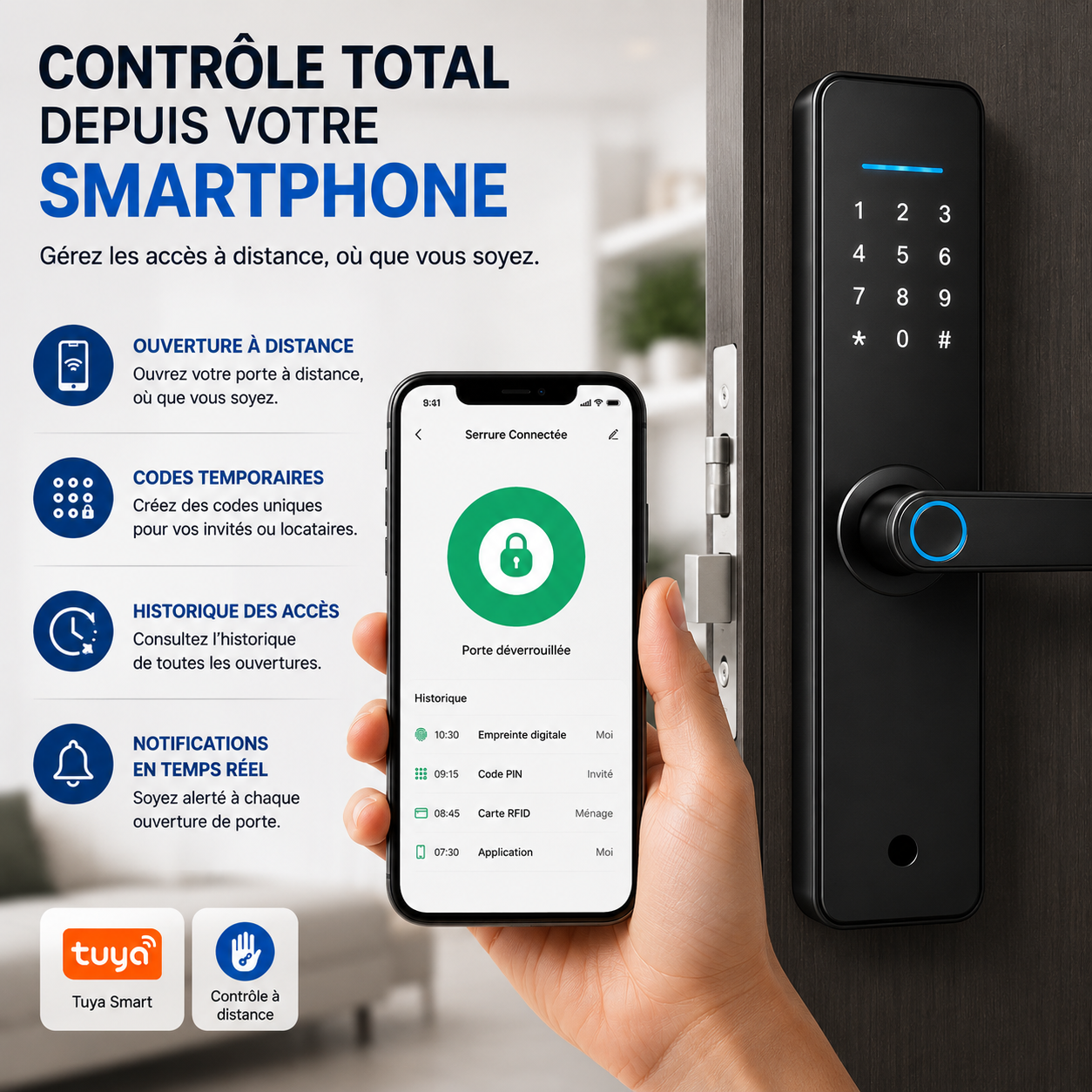 Serrure Connectée Intelligente WiFi avec Empreinte Digitale & Code